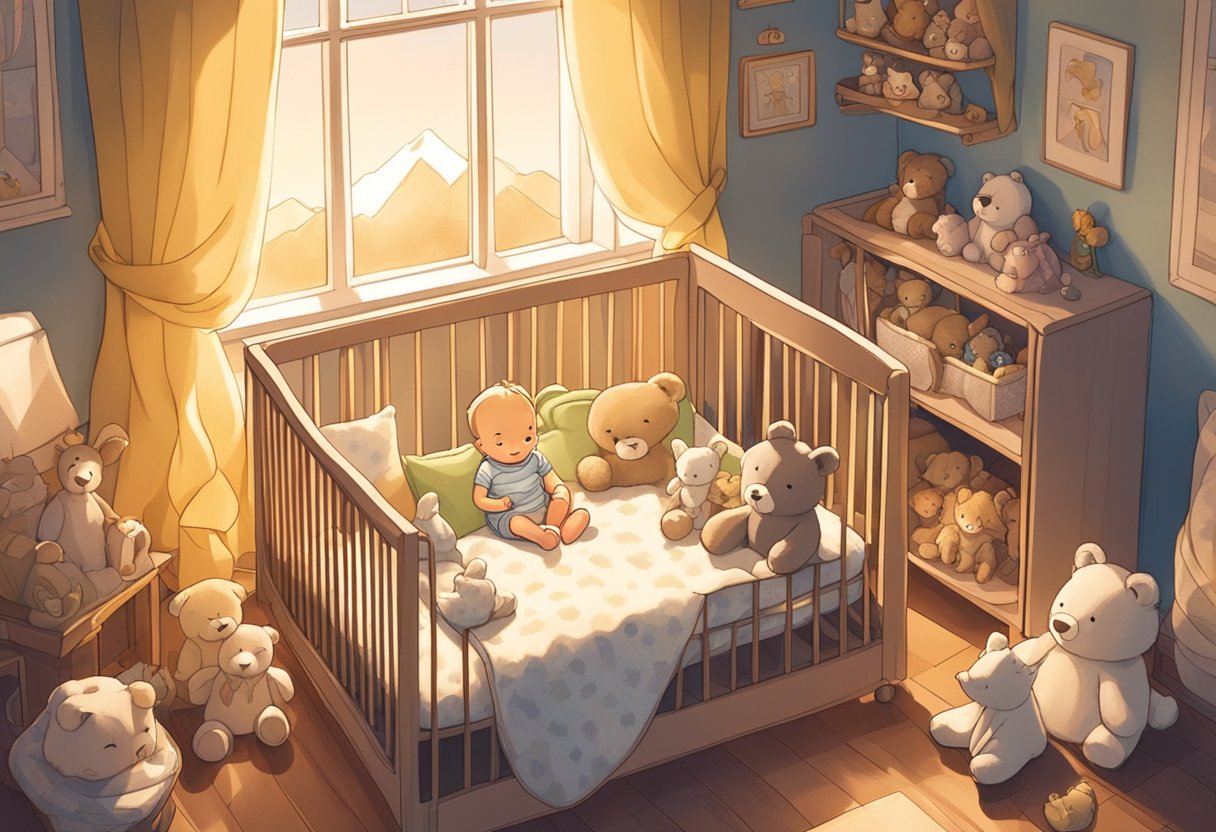 A baby named Archer sits in a cozy crib, surrounded by soft blankets and stuffed animals. Sunlight streams in through the window, casting a warm glow over the room