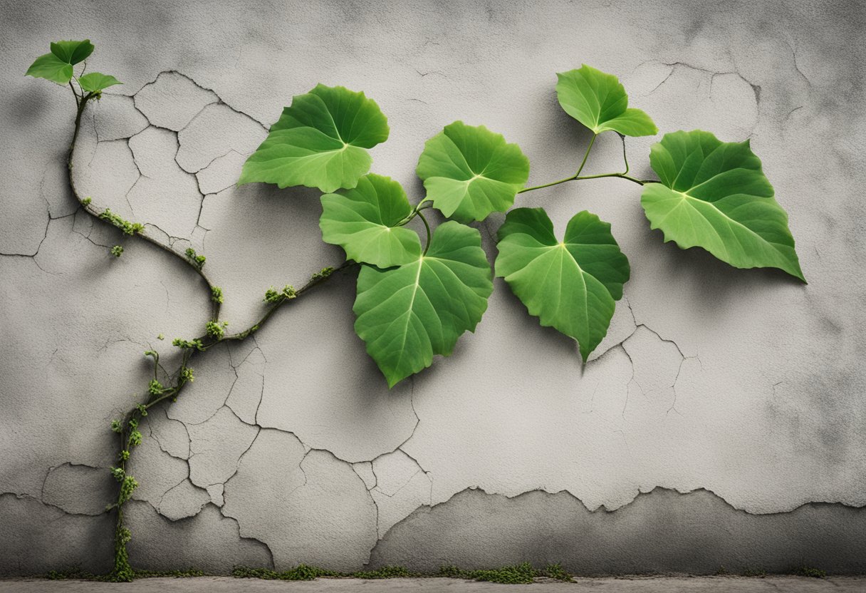 A green vine grows from a cracked concrete wall, symbolizing resilience and growth. A wilted flower blooms, representing the journey of overcoming toxic habits and thriving through cancer