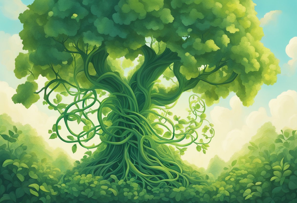 A group of diverse plants intertwine, supporting each other as they grow, representing a supportive community. A healthy green vine thrives, overcoming toxic weeds