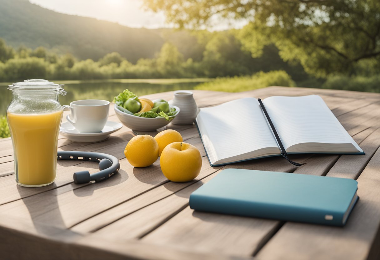 A serene setting with a healthy meal, exercise equipment, and a journal for self-reflection, symbolizing lifestyle changes and self-care for a cancer thriver