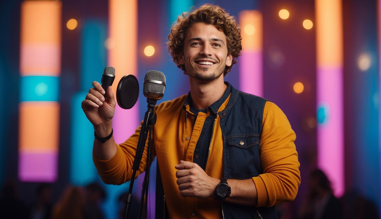 A Dutch YouTuber and presenter, Défano Holwijn, stands confidently with a microphone, surrounded by a colorful backdrop and bright studio lights