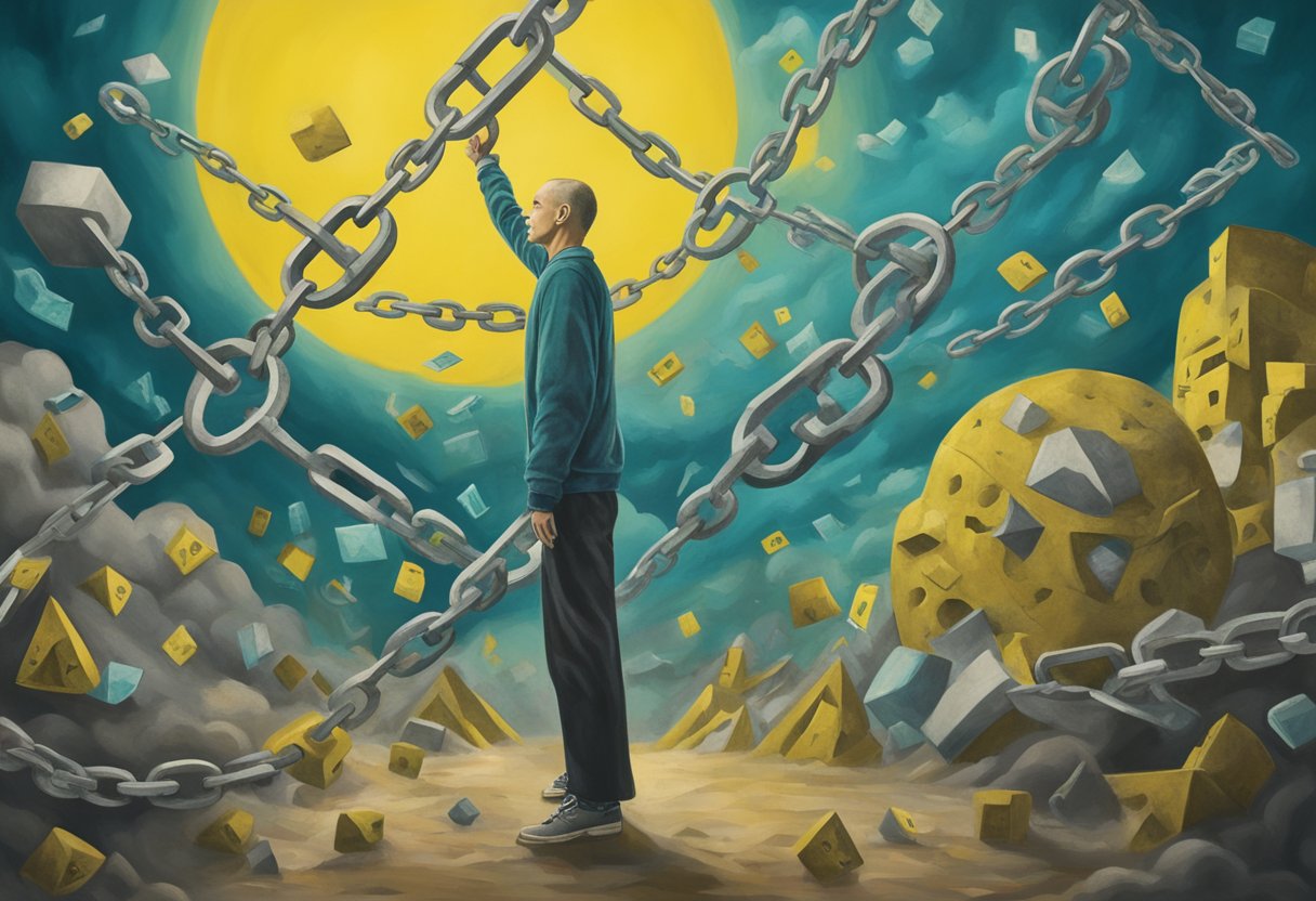 A person breaking free from chains, surrounded by symbols of toxic habits and cancer, while moving towards a bright, healthy future