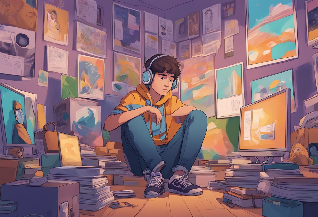 A teenager sits in their room, surrounded by posters and technology. They appear lost in thought, with a mix of emotions on their face