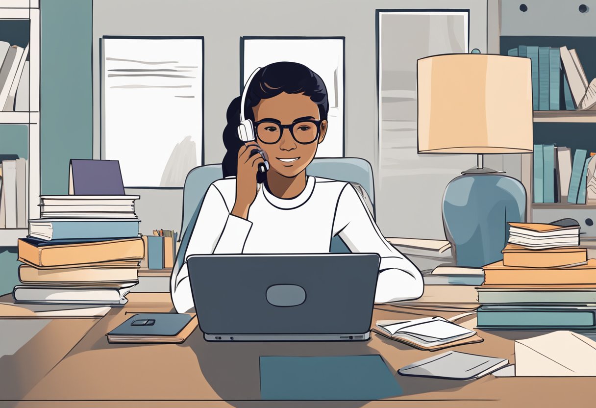 A teenager sitting at a desk, confidently speaking on the phone while holding a notebook. A laptop and a stack of parenting books are on the desk