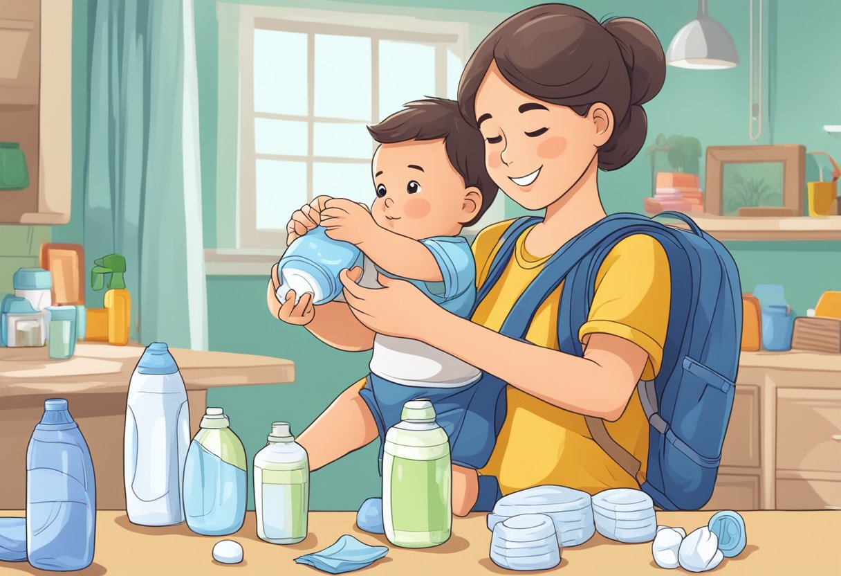 A teenager confidently prepares a bottle and diaper for their baby, showing responsibility in their parenting role