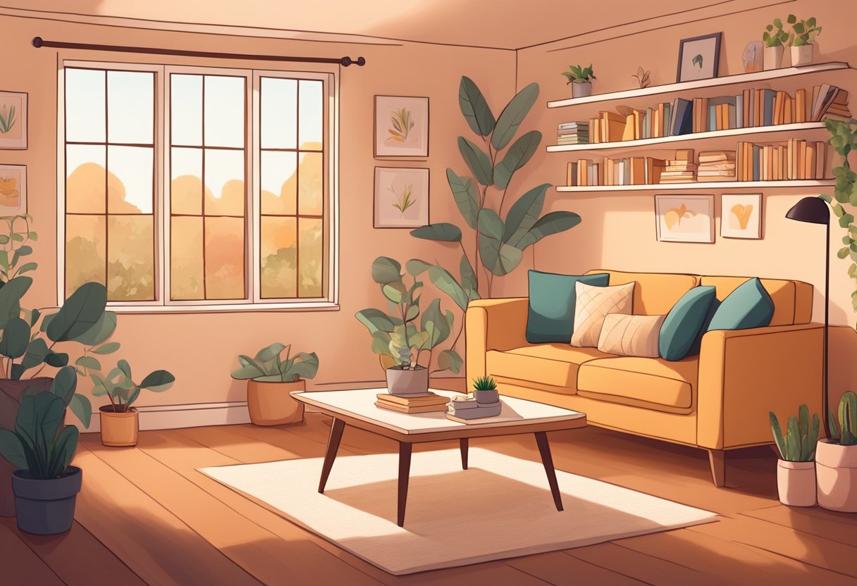 A cozy living room with soft lighting, a comfortable couch, and shelves filled with books and toys. A warm color palette and a nurturing atmosphere convey a sense of safety and support for teen parents