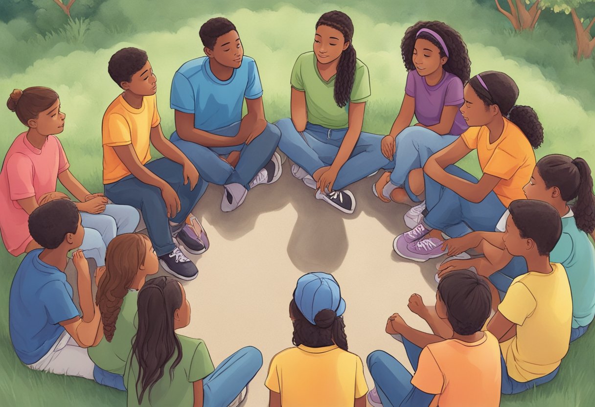 A group of teenagers gather in a circle, engaging in deep conversations and sharing personal experiences. A sense of support and understanding fills the air as they discuss spiritual and moral values in the context of parenting