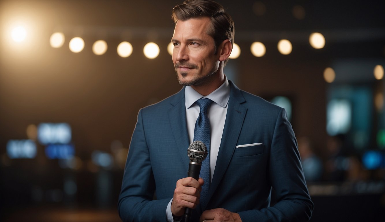 A man in a suit stands confidently with a microphone, surrounded by a professional setting