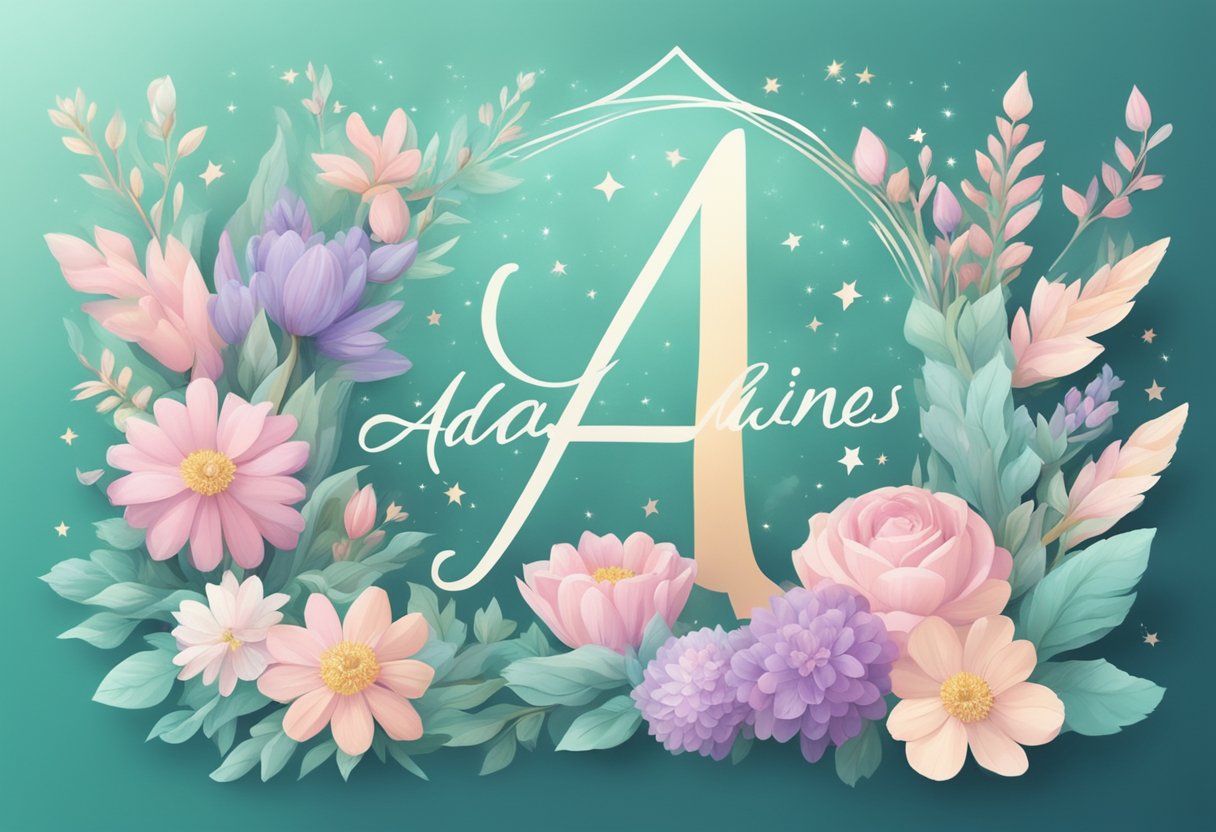Adaline's name written in delicate script on a pastel-colored banner, surrounded by soft, whimsical elements like flowers and stars
