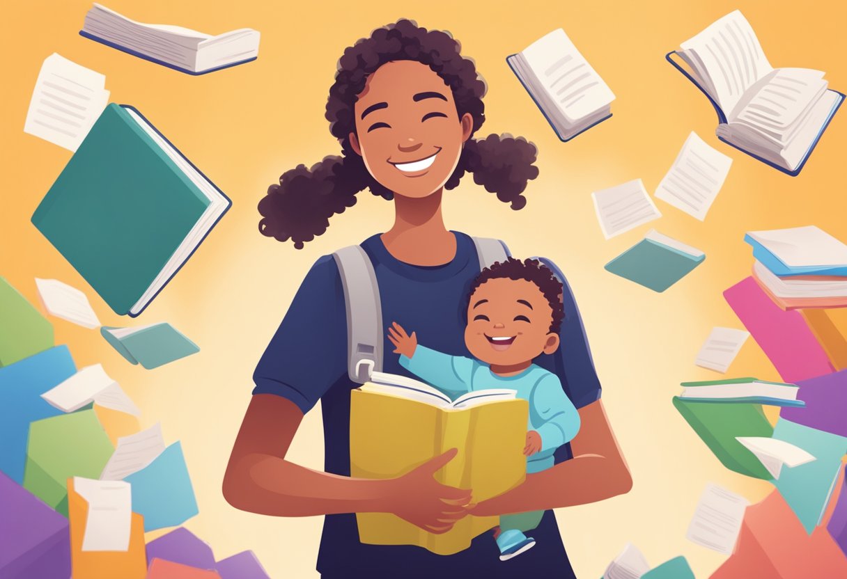 A smiling teenager holding a baby while juggling schoolbooks, representing the challenges and rewards of teen parenting