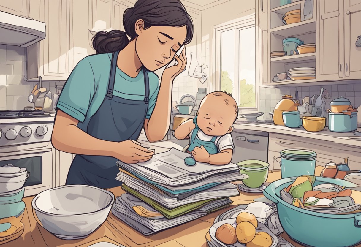 A cluttered kitchen with dishes piled up, a crying baby in the background, and a stressed-looking teenager holding a textbook while trying to calm the baby