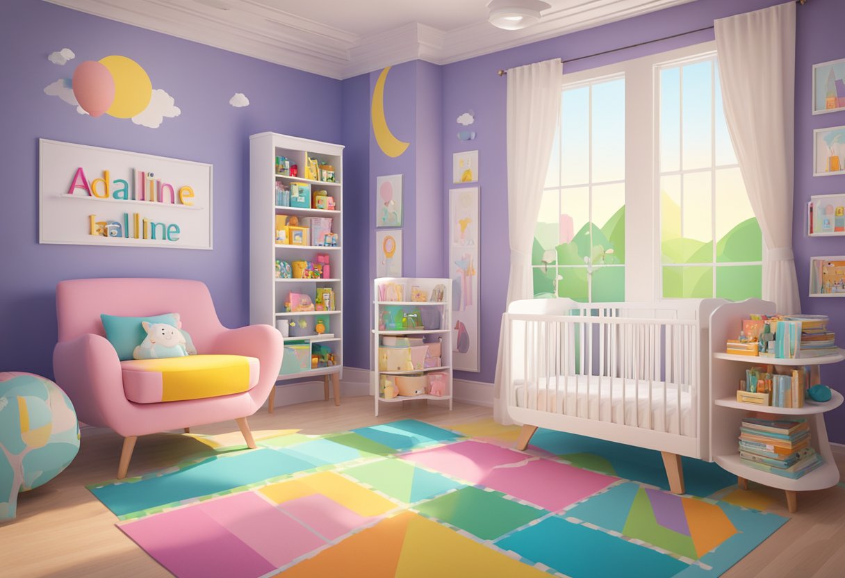 A modern nursery with "Adaline" spelled out in colorful letters, surrounded by popular baby name books and online name popularity charts