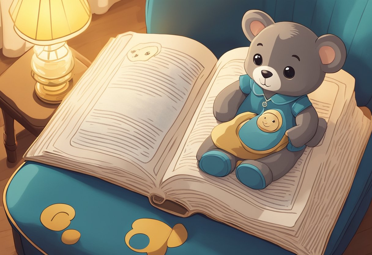A baby name book sits open on a cozy armchair, with the page turned to "Adaline" and a soft, warm light shining on the name