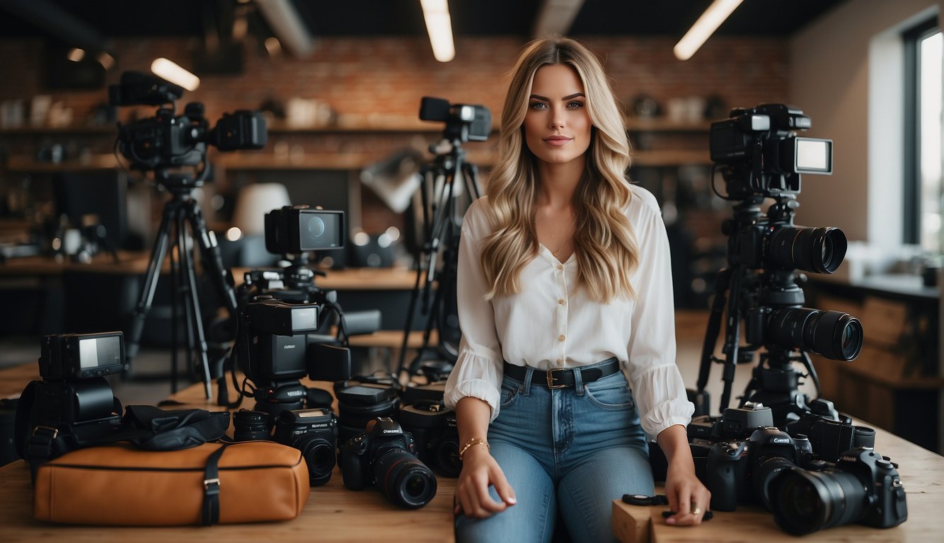 A stylish Dutch YouTuber and fashion blogger, Jiami Jongejan, surrounded by cameras and trendy clothing items