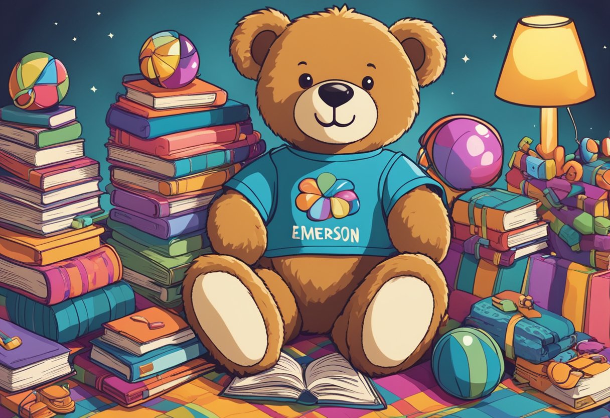 A smiling teddy bear sits on a colorful blanket, surrounded by toys and a stack of books with the name "Emerson" written on the spines