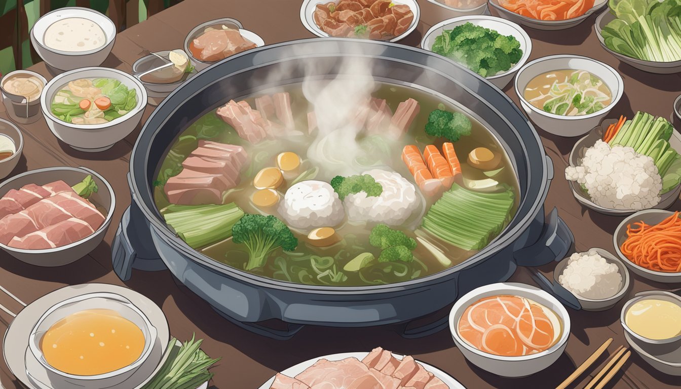 A steaming pot of shabu shabu broth bubbles at the center of a table, surrounded by plates of thinly sliced meat, fresh vegetables, and dipping sauces