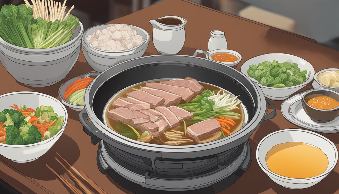 A bubbling pot of broth sits atop a portable stove, surrounded by plates of thinly sliced meat, fresh vegetables, and dipping sauces at the Shabu Shabu restaurant