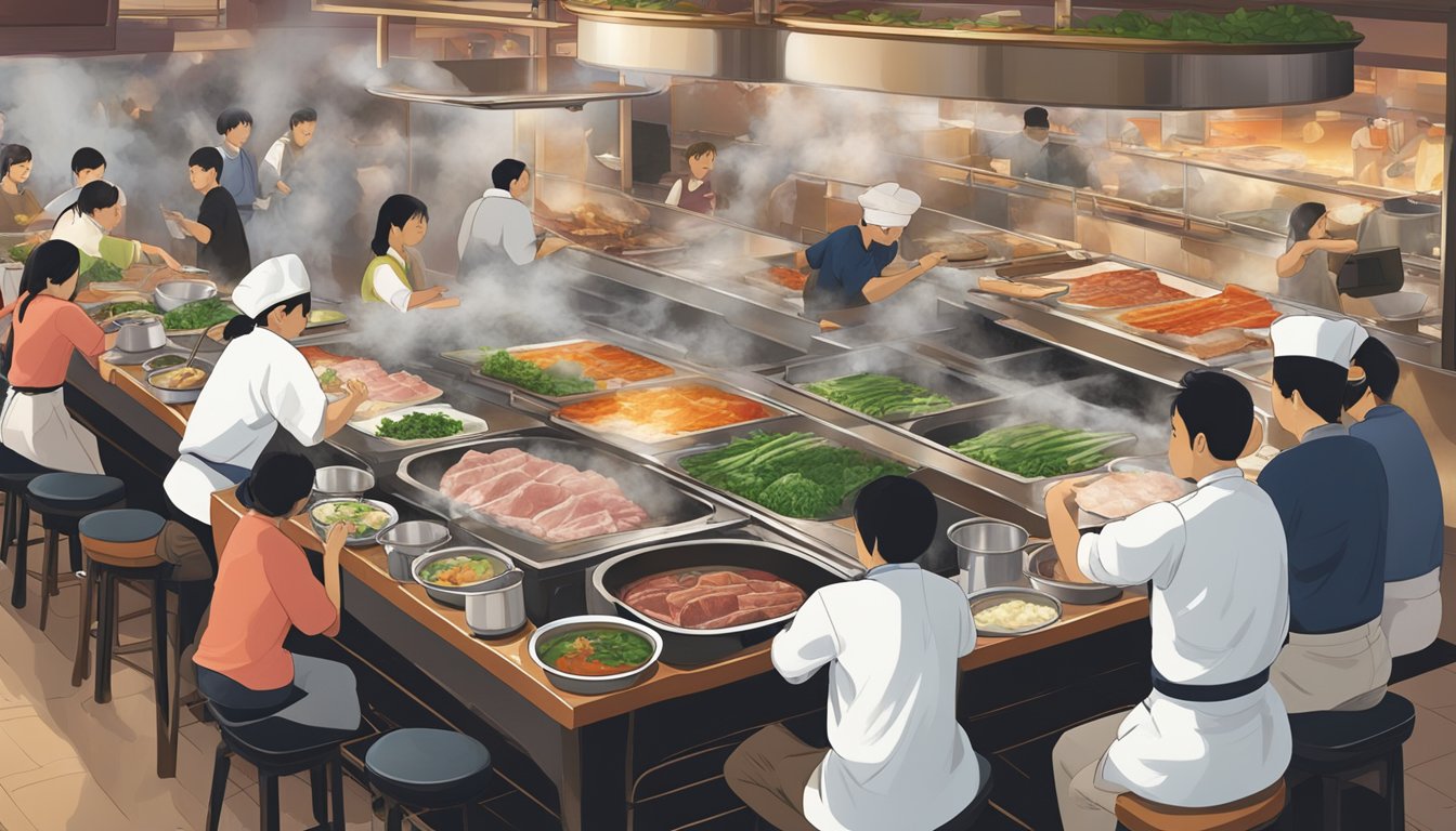 A bustling shabu shabu restaurant with steam rising from the hot pots, diners dipping thinly sliced meat and vegetables into bubbling broths, and servers bustling around the tables