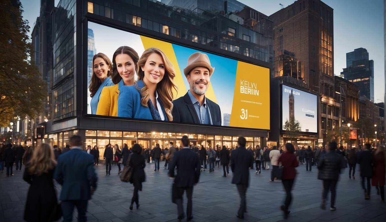 A bustling city street with a large billboard featuring Kelvin Boerma (Kalvijn), surrounded by energetic and diverse individuals engaged in various entrepreneurial and project activities