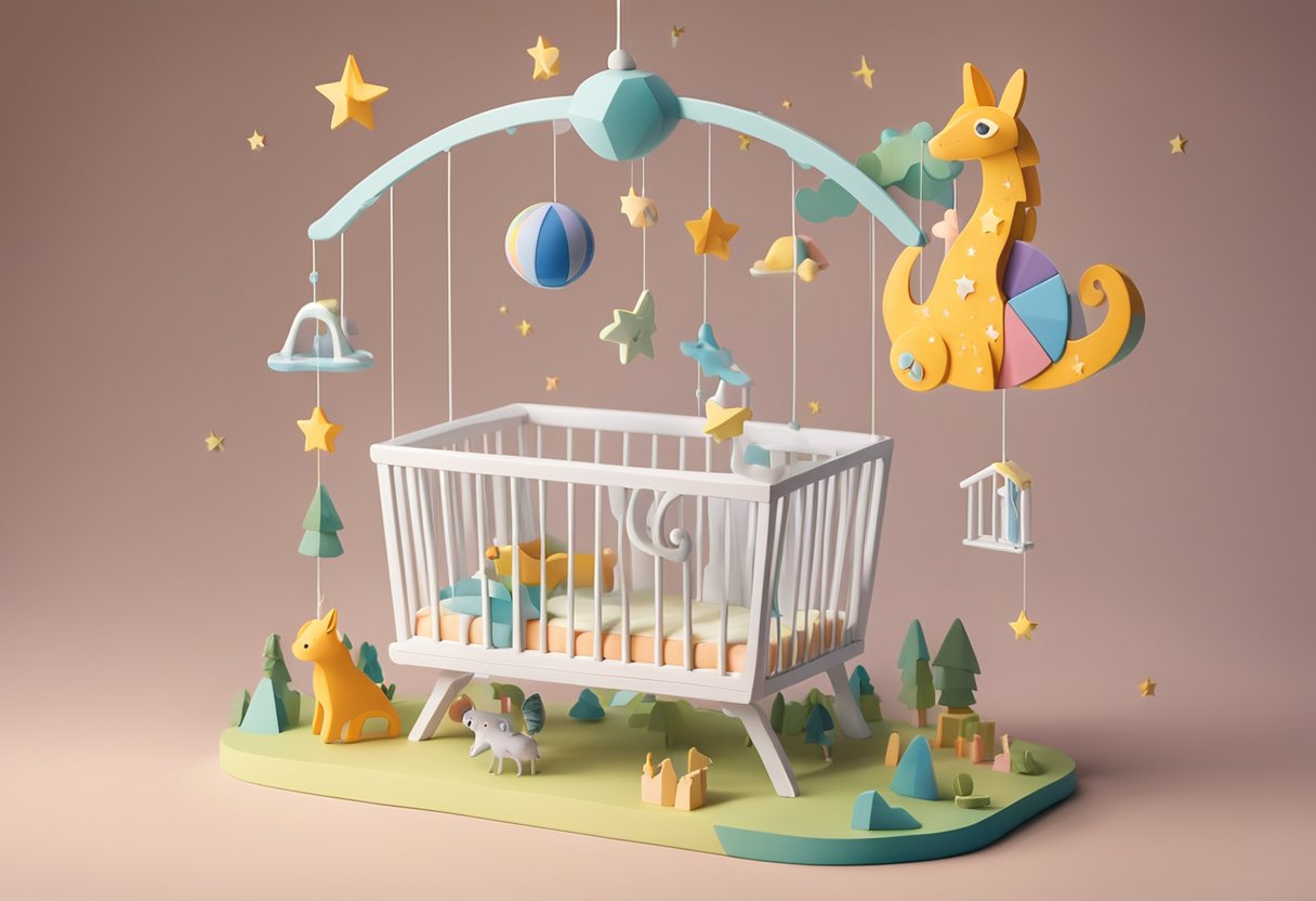 A colorful mobile hangs above a crib, spinning gently as soft music plays. The name "Eila" is spelled out in whimsical letters, surrounded by stars and animals