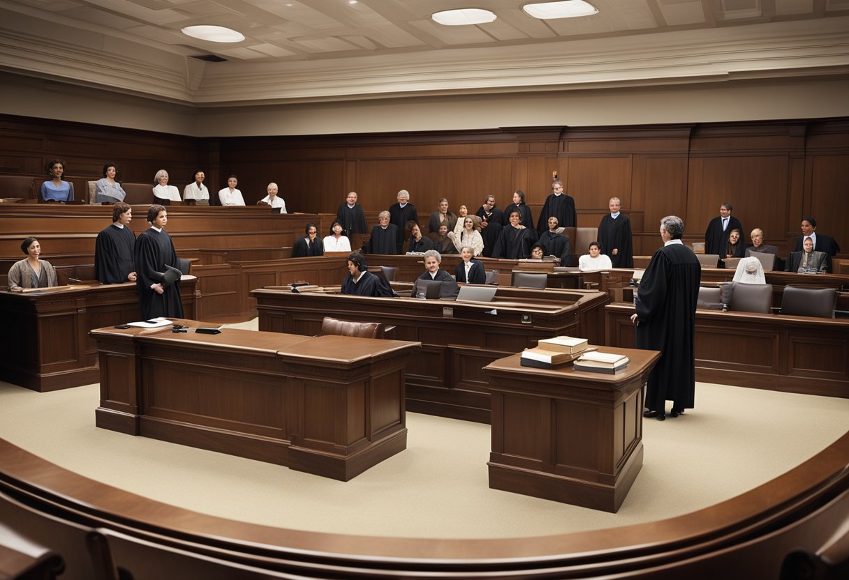 The scene shows a courtroom with a judge, lawyers, and a group of experts discussing evidence, contributing to fair dispute resolution