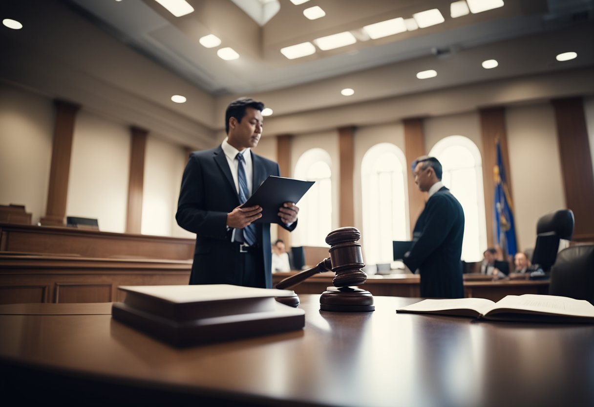 The scene depicts a courtroom with a judge, lawyers, and a forensic expert presenting evidence to contribute to a fair resolution of disputes