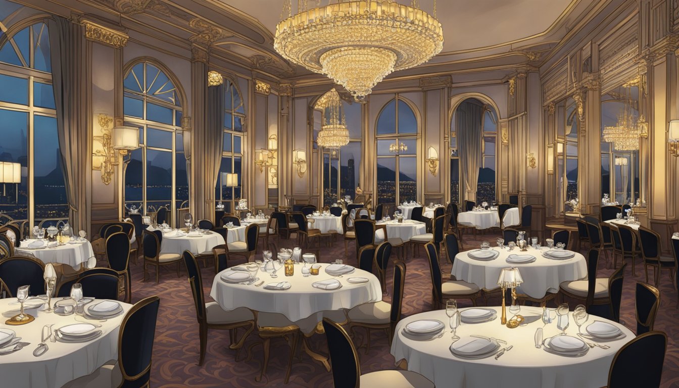 The elegant Silk Restaurant features dim lighting, plush seating, and ornate decor. A central chandelier illuminates the opulent space, while waitstaff bustle about attending to guests