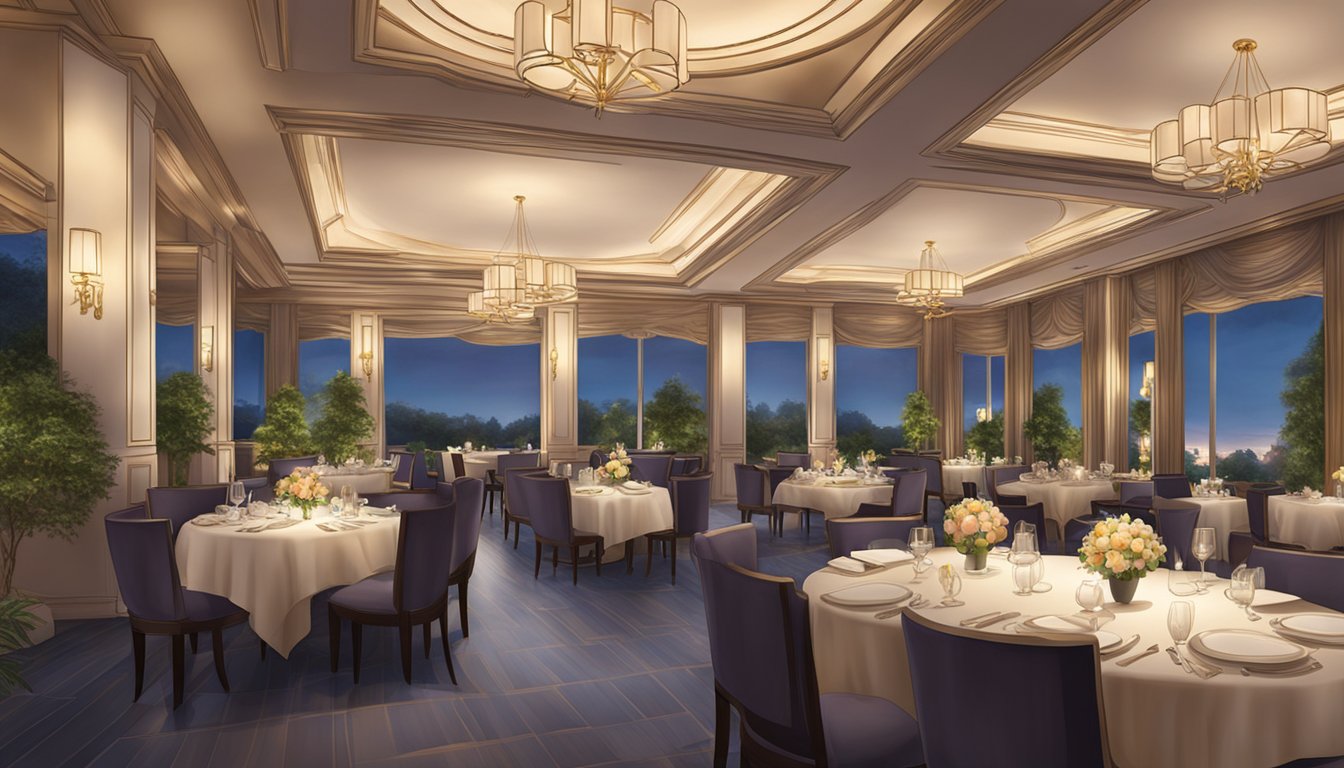 The silk restaurant exudes elegance with soft lighting, plush seating, and delicate table settings