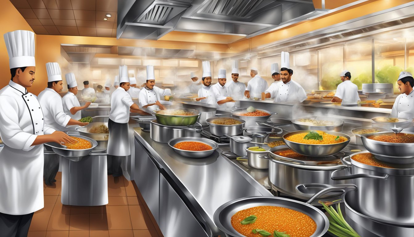 The bustling kitchen of Culinary Delights silk restaurant, with chefs expertly preparing exquisite dishes amidst the aroma of sizzling spices and simmering sauces