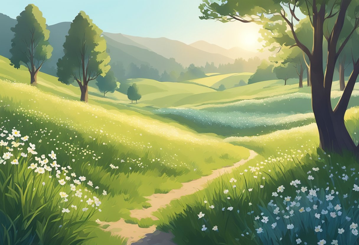 A serene meadow with wildflowers, a gentle breeze, and a soft glow of sunlight, evoking a sense of peace and tranquility