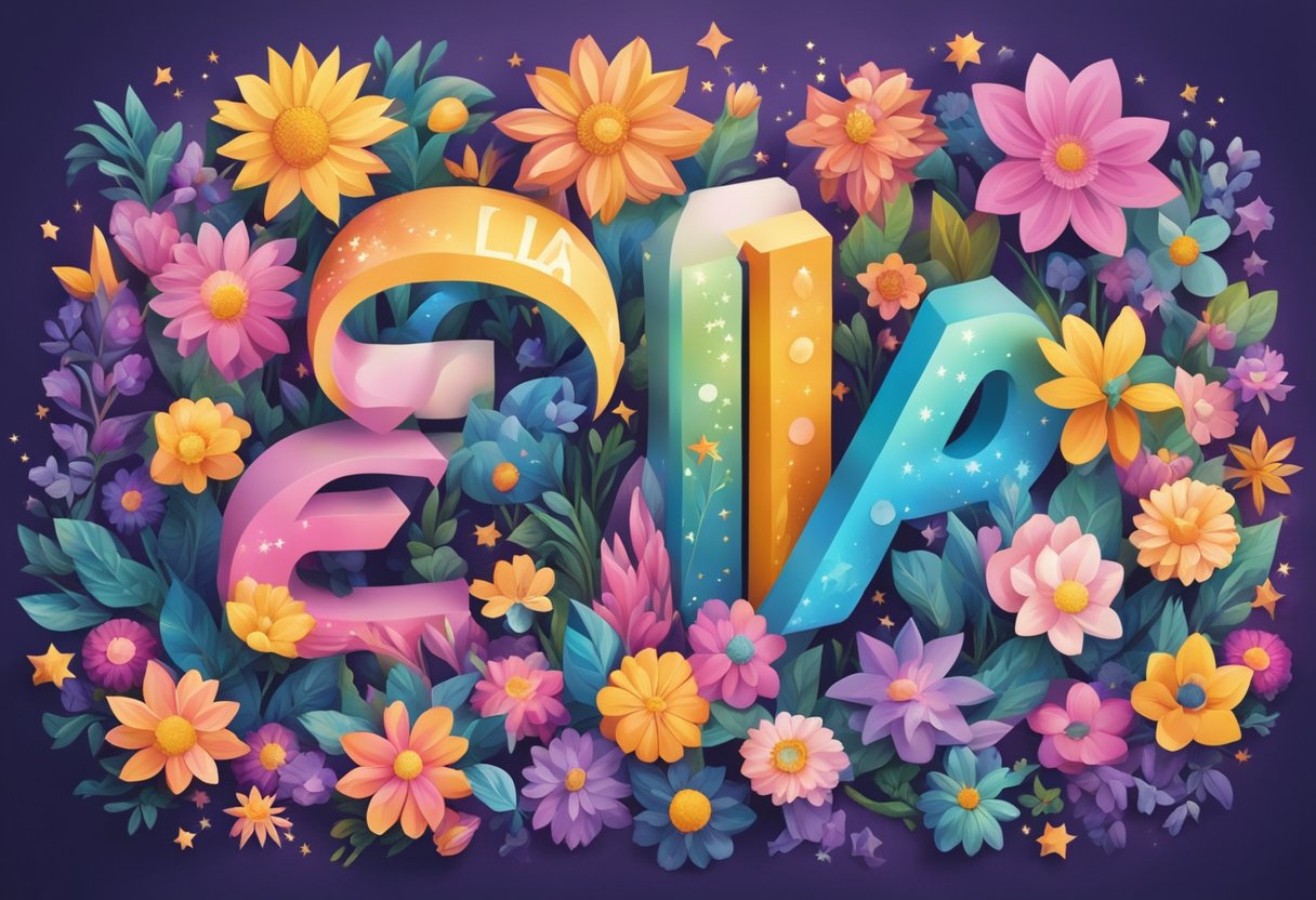 A colorful array of letters spelling out "Eila" surrounded by various aesthetic elements like flowers, stars, and swirls