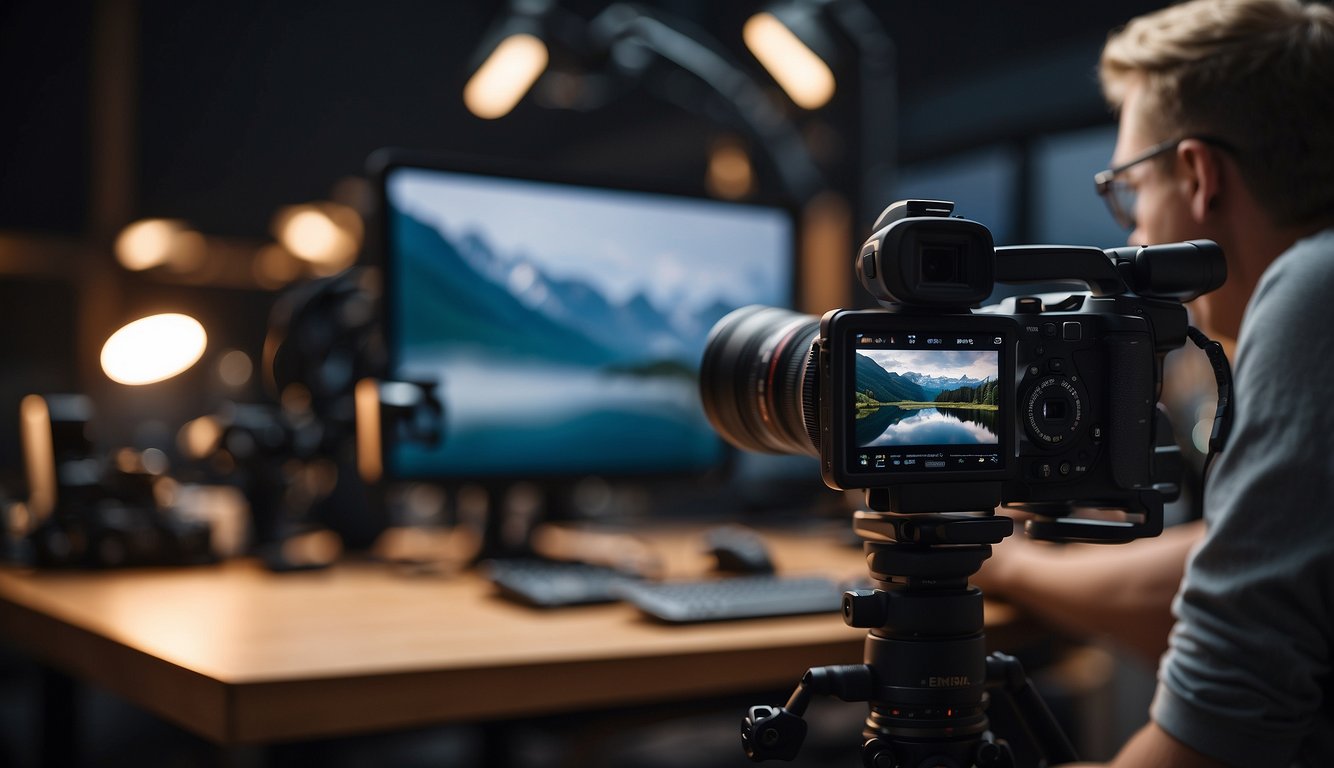 A Dutch TikTokker creating content, surrounded by cameras and lighting equipment