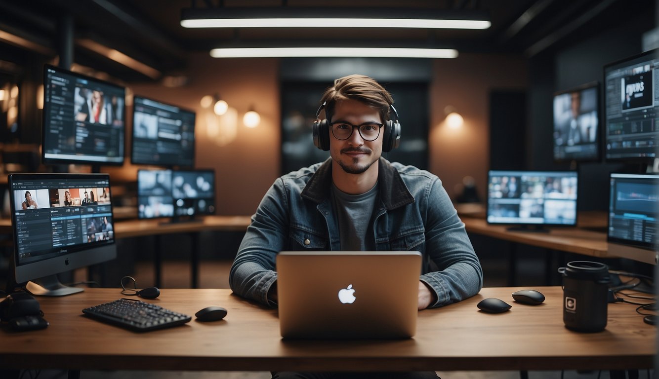 A digital career scene featuring a TikTokker and YouTuber in the Netherlands, with logos of both platforms and a laptop with editing software open