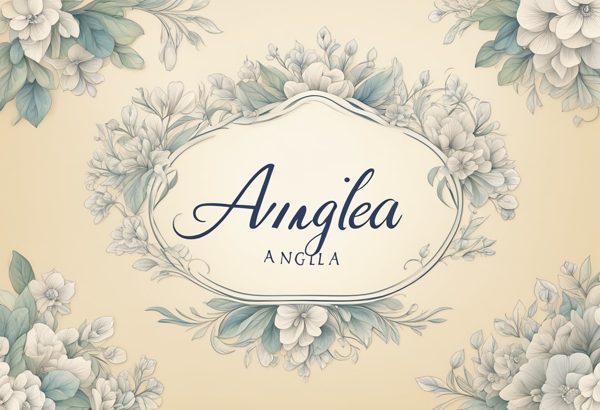 A baby name "Angela" written in elegant cursive on a birth certificate, surrounded by delicate floral patterns
