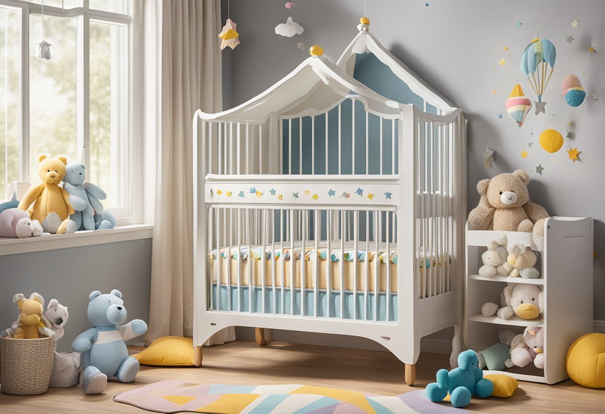 A crib with the name "Hailey" embroidered on the bedding, surrounded by soft toys and a mobile with colorful shapes hanging above