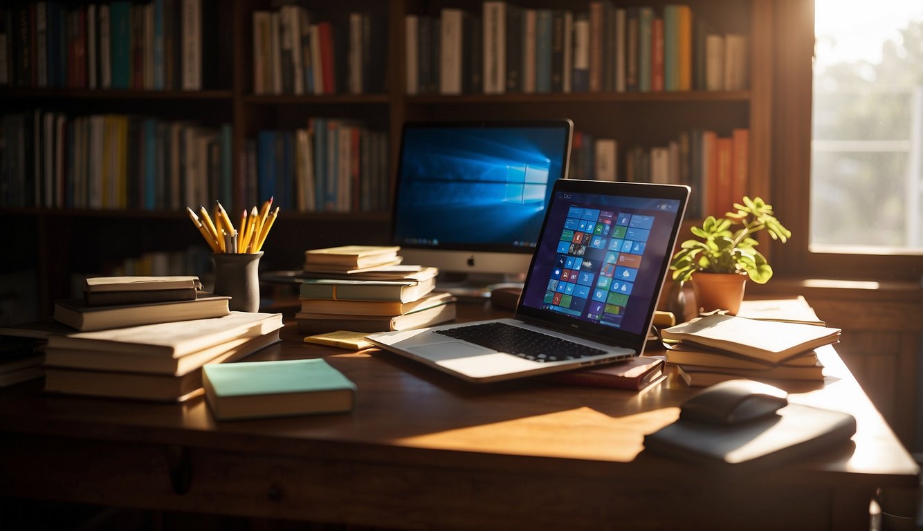 A desk cluttered with notebooks, pens, and a laptop. A bookshelf filled with colorful books and decorative items. A window with sunlight streaming in, casting a warm glow over the workspace