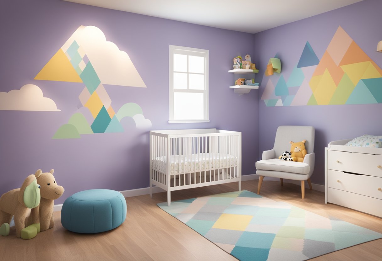 Aidan's name written in colorful block letters on a nursery wall, surrounded by playful animal decals and soft pastel colors