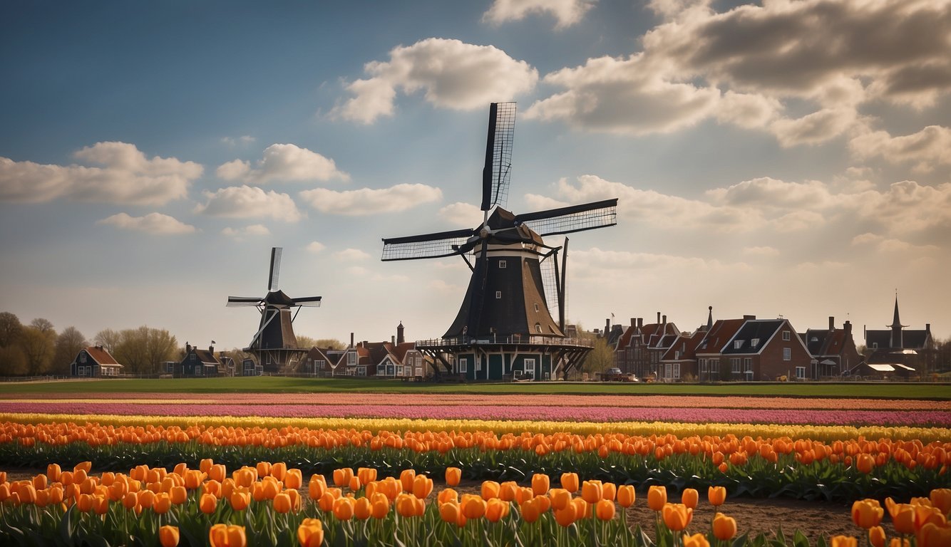 A Dutch flag waving in the wind against a backdrop of iconic Dutch landmarks such as windmills and tulip fields