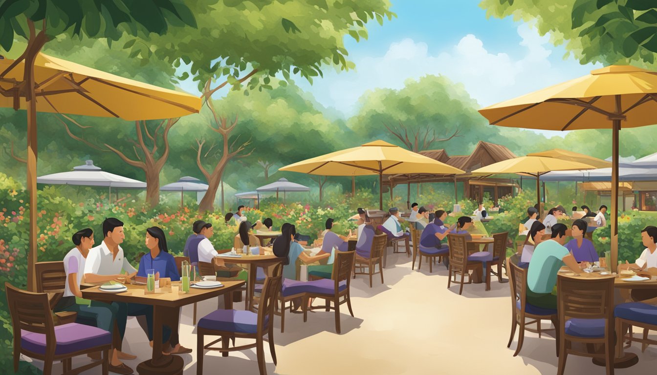 A bustling Thai restaurant in an orchard setting, with colorful outdoor seating and lush greenery surrounding the open-air dining area