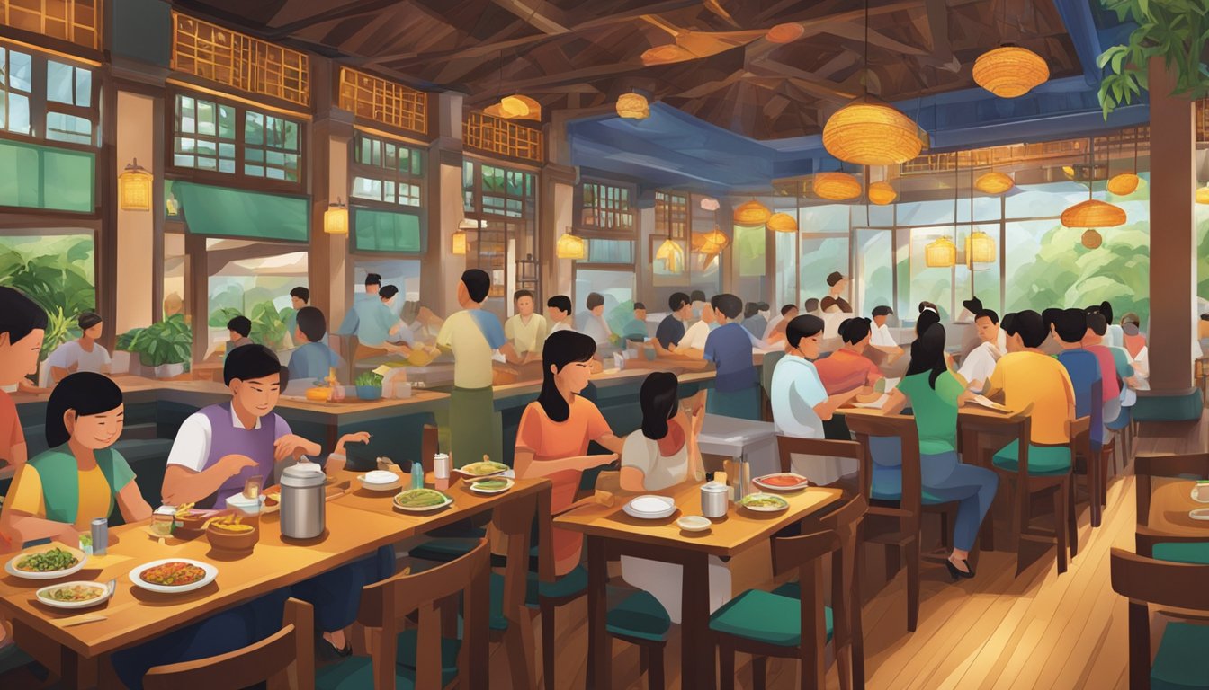 A bustling Thai restaurant in Orchard, filled with colorful decor and the aroma of sizzling spices. Patrons eagerly await their orders while chefs skillfully prepare traditional dishes in the open kitchen