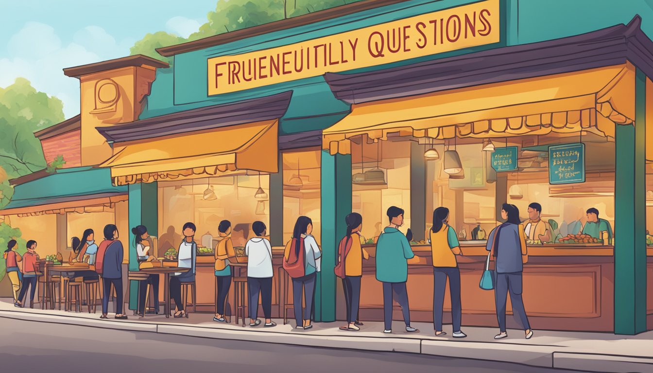 Customers line up outside a vibrant Thai restaurant in Orchard. A sign reads "Frequently Asked Questions" in bold letters. Aromas of spicy curry and sizzling stir-fry waft through the air