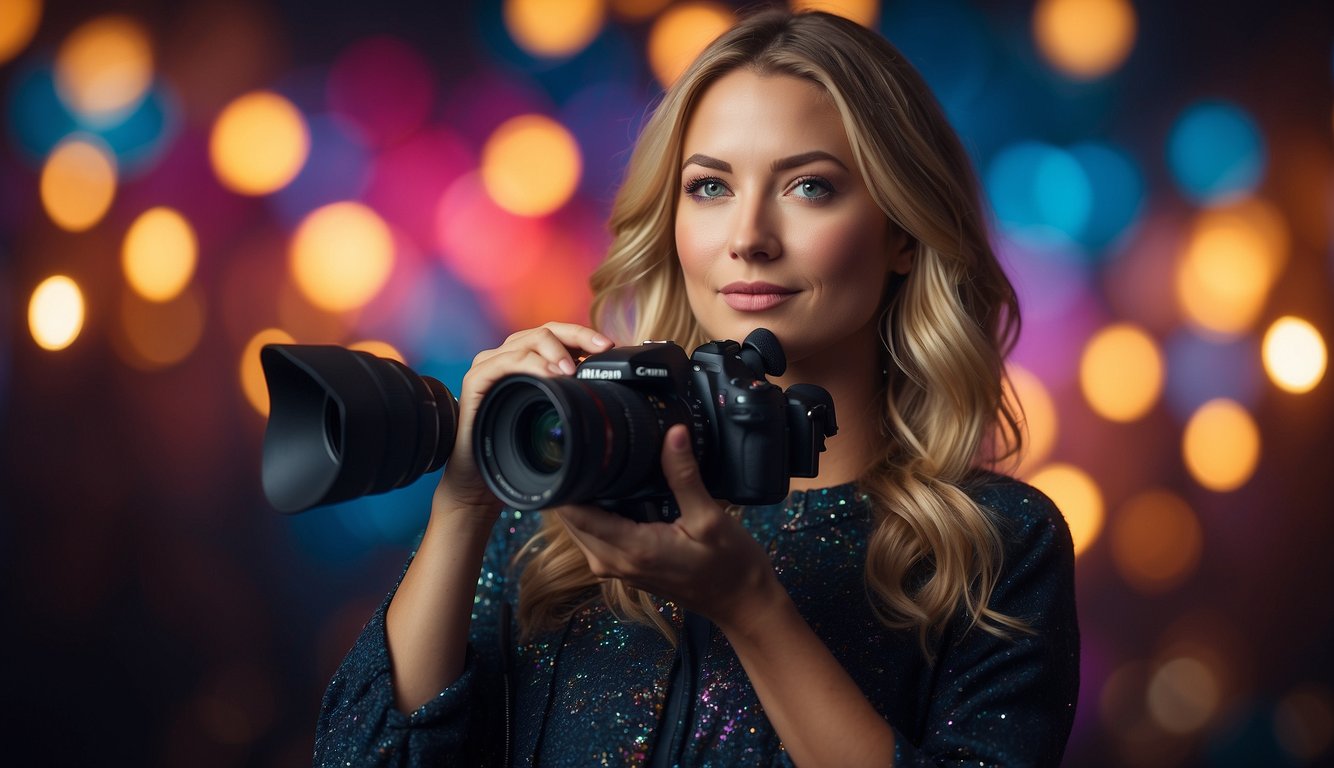 A Dutch YouTuber and actress, Marije Zuurveld, stands confidently with a camera and microphone, surrounded by bright lights and a colorful backdrop