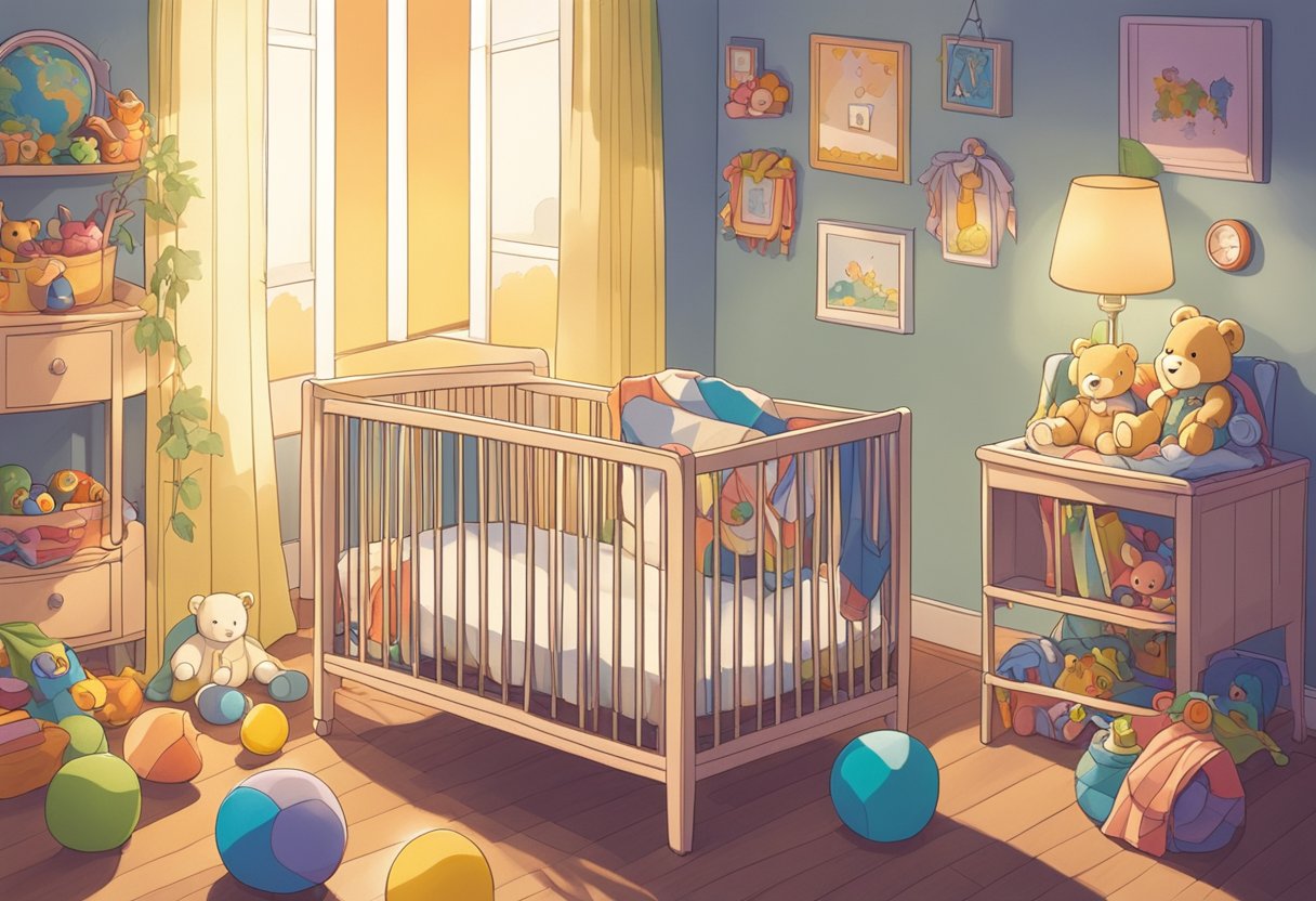 Aire, the baby, sits in a cozy crib surrounded by colorful toys and a soft blanket. Sunlight streams through the window, casting a warm glow on the room