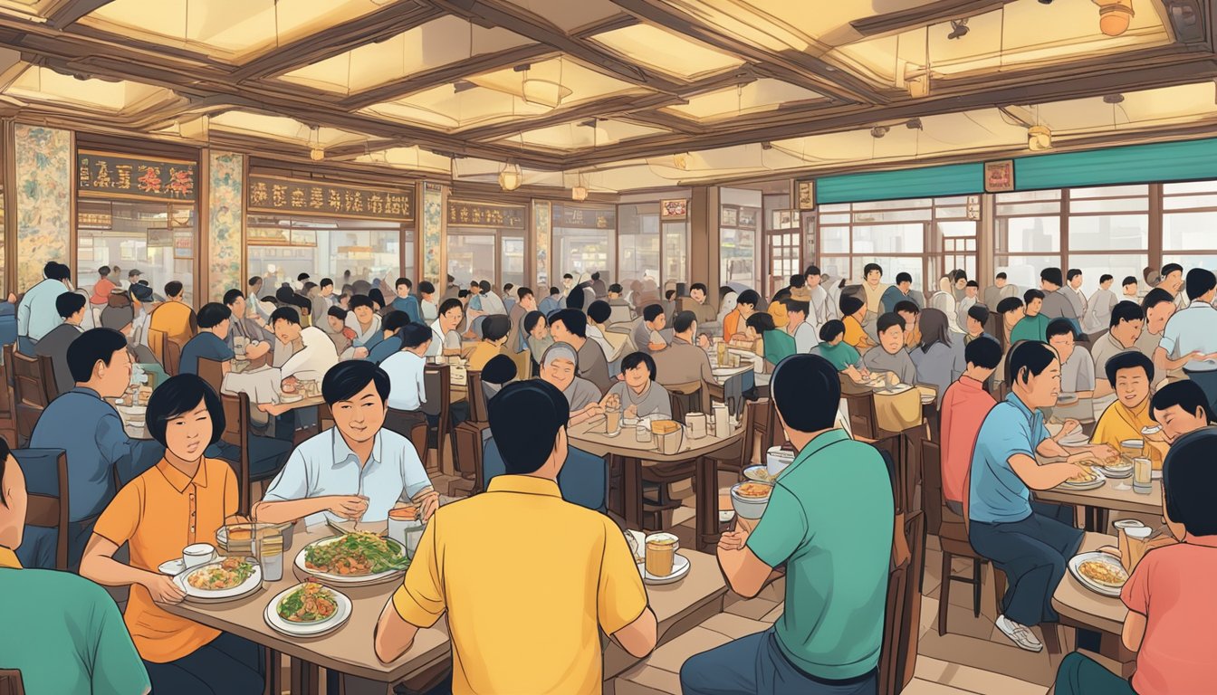 The bustling Tsui Wah restaurant, filled with diners enjoying their meals and waiters rushing back and forth serving delicious Cantonese dishes