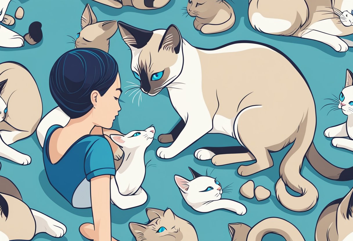 A Siamese cat rubs against a person's leg, purring and nuzzling affectionately. Its blue eyes gaze up adoringly