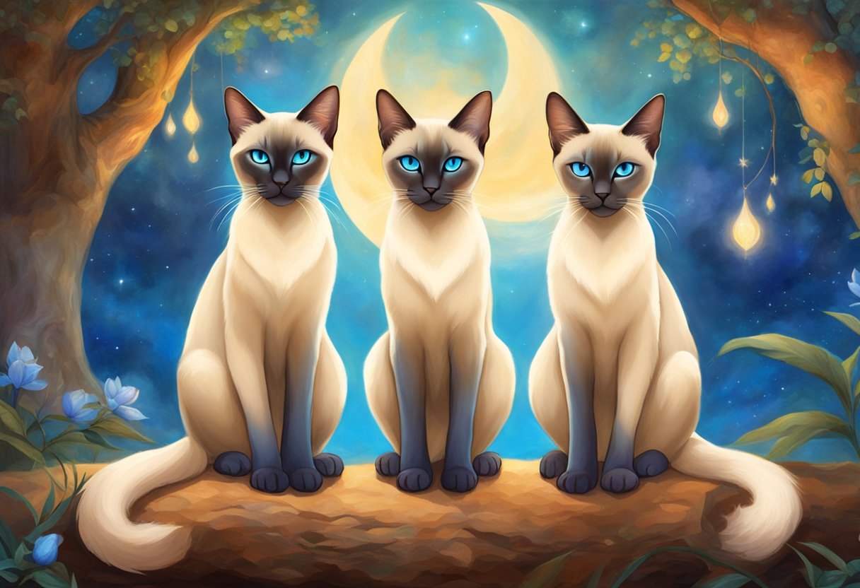 Two Siamese cats sit side by side, their sleek bodies and striking blue eyes capturing the attention of onlookers. The background hints at their ancient origins and rich history