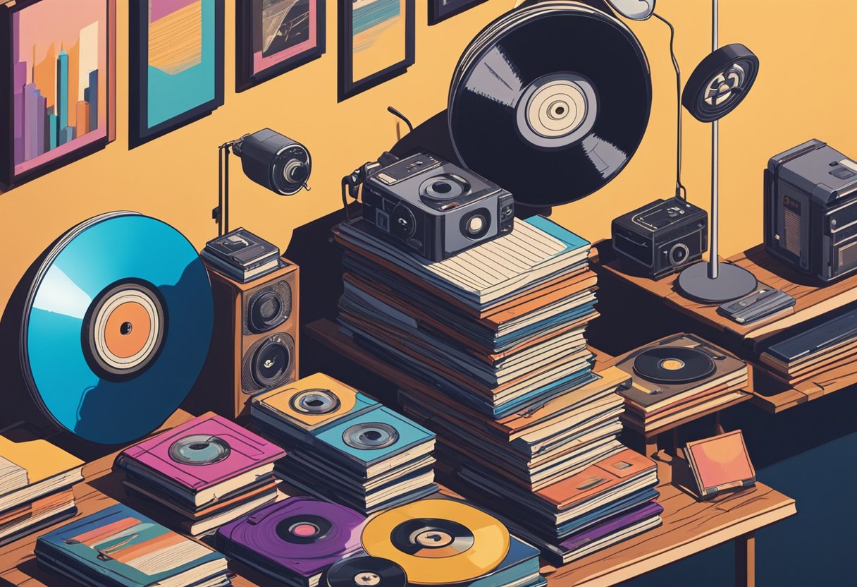 A stack of books, a film reel, and a vinyl record sit on a table, surrounded by colorful posters and vintage media devices