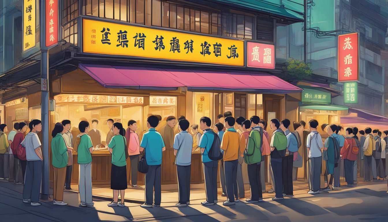 Customers line up outside Tsui Wah restaurant, eagerly awaiting their turn to enter. The vibrant signboard and bustling atmosphere create a sense of anticipation and excitement
