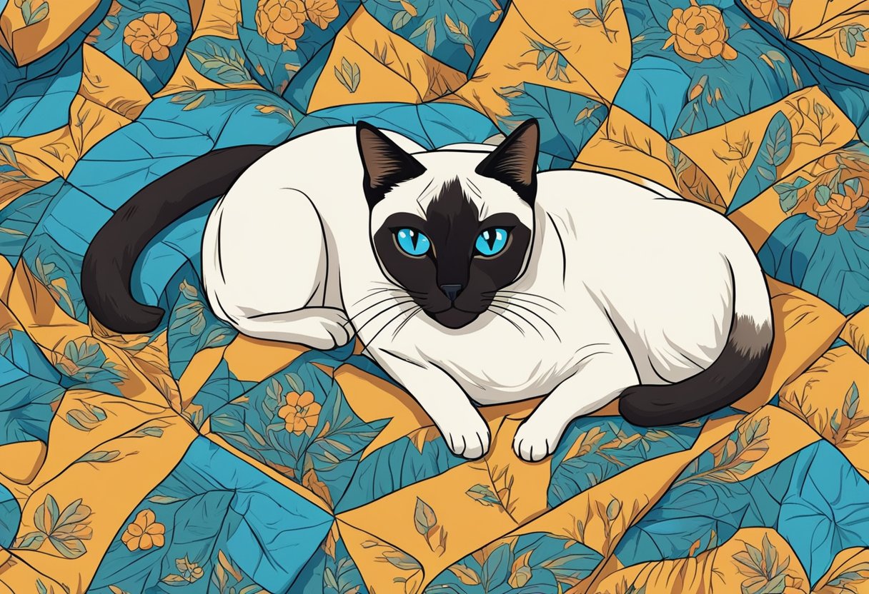 A Siamese cat lounges on a cozy blanket, purring as its owner chats with it. The cat's bright blue eyes convey a sense of friendliness and affection