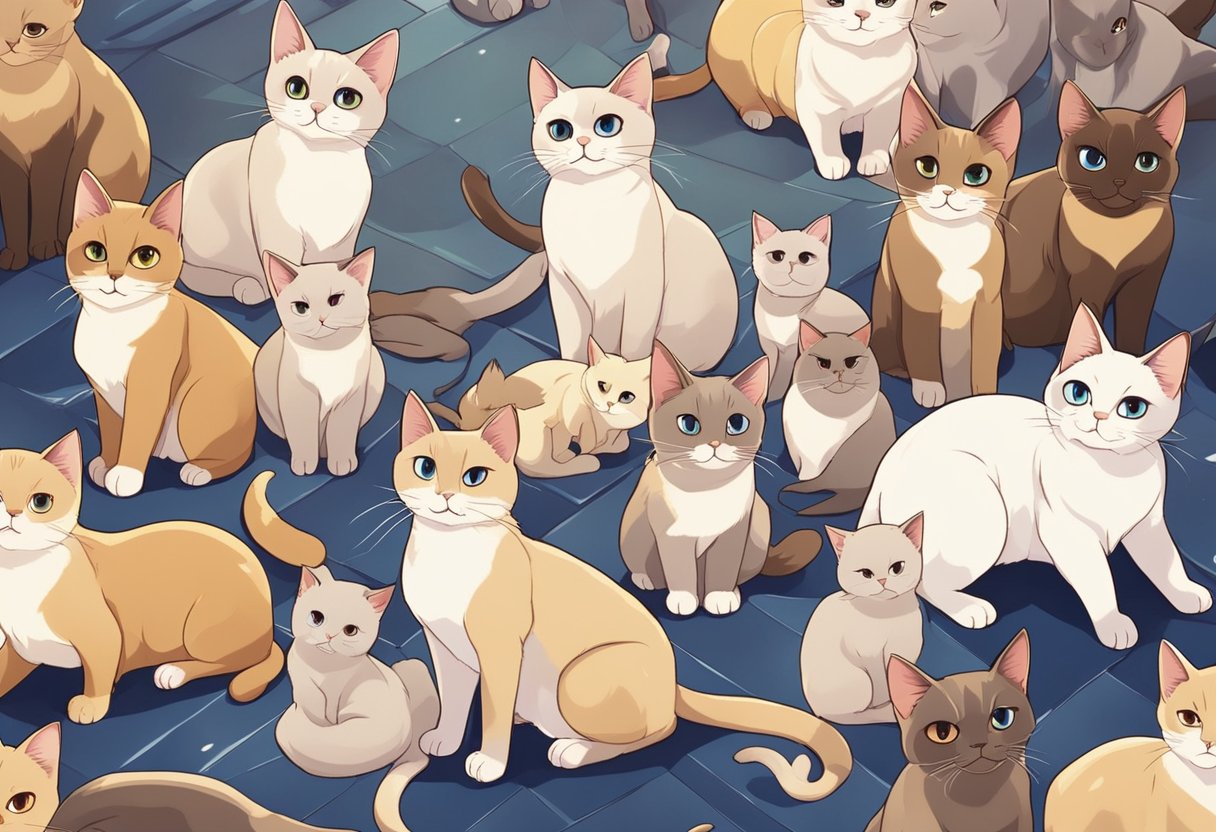 A regal Siamese cat surrounded by other elegant Siamese cats, all with confident and vocal expressions